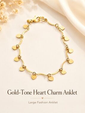 Large Gold-Tone Heart Charm Anklet - Elegant Women’s Jewelry